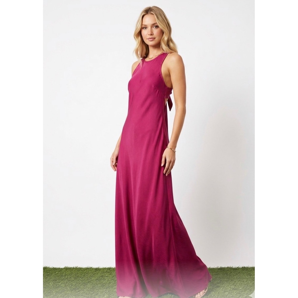 House of Harlow 1960 Magenta Pink Satin High Neck Tie Back Maxi Dress Small